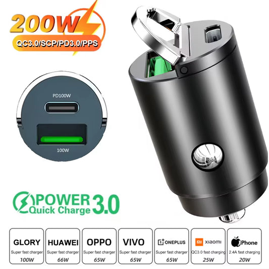 Car 200W Dual Port Mini USB Charger Ultra Fast Charging Cigarette Lighter Socket 12-24V Aluminum Cell Phone Charging Adapter